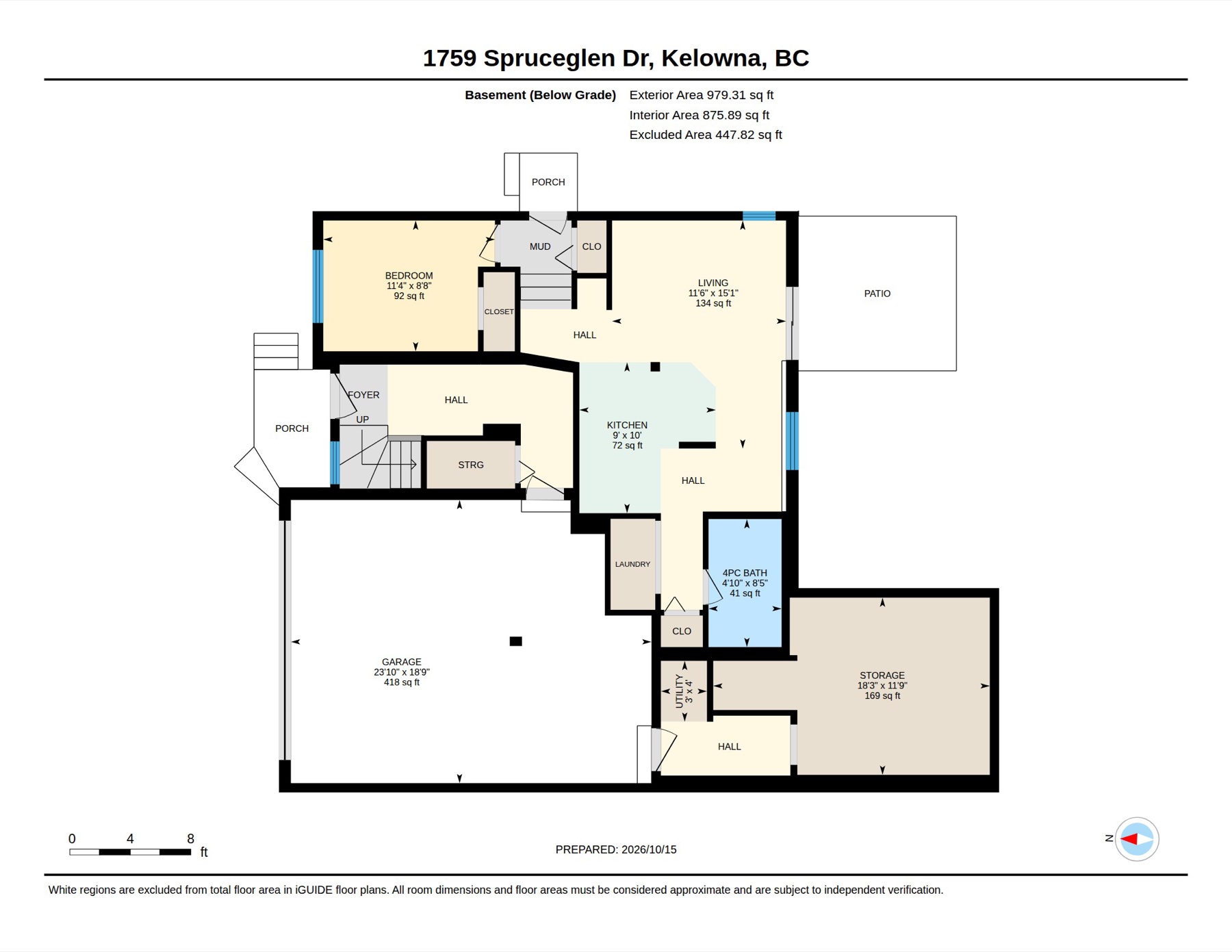 Lower level plan: in-law suite with bedroom, living, kitchen, bath and laundry, plus garage and storage
