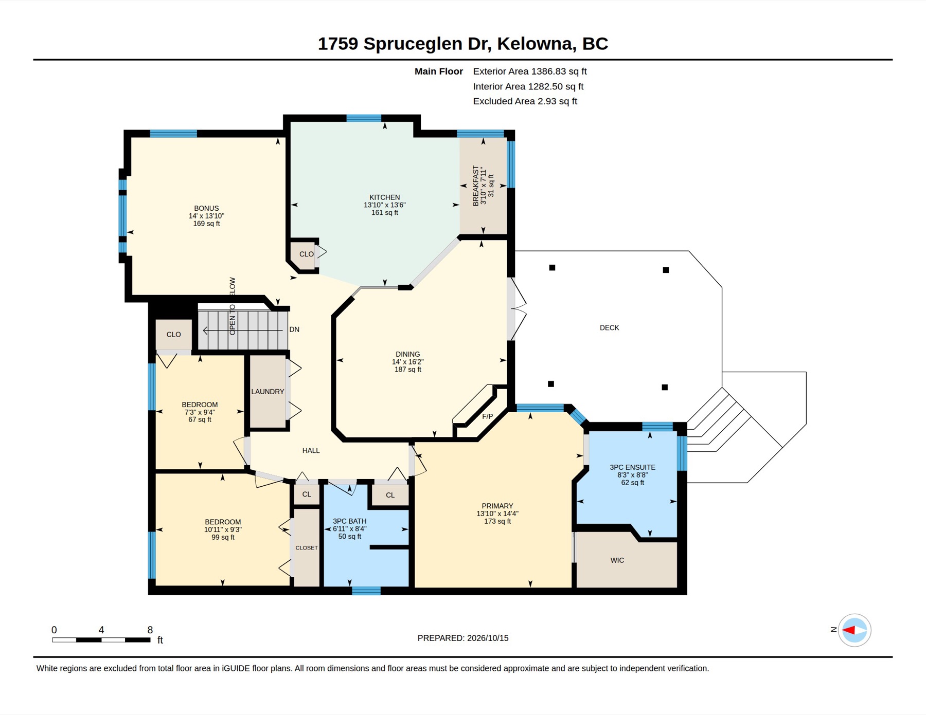 Main floor plan: kitchen, dining, bonus room, primary with ensuite, two bedrooms, bath, laundry and deck