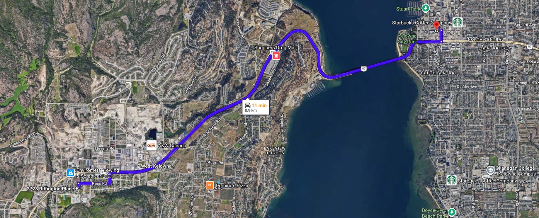 riffington place west kelowna lakeview heights to downtown kelowna bc directions